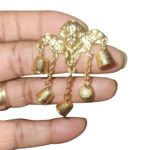 Vintage Gold Tone Cherub Angel Brooch Pin with Dangling Thimble Charms